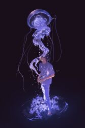  1boy barefoot black_hair full_body hair_over_eyes highres jellyfish male_focus original pants purple_pants purple_shirt rido_(ridograph) shirt solo standing standing_on_liquid water 