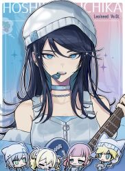  1boy 4girls absurdres animal_ears beanie black_hair blonde_hair blue_choker blue_eyes cat_ears chain chain_necklace character_name choker commentary cover earrings fake_magazine_cover grey_hair hat hatsune_miku highres hinomori_shiho hoshino_ichika_(project_sekai) jewelry kagamine_len leo/need_(project_sekai) leo/need_len leo/need_miku long_hair looking_at_viewer magazine_cover mochizuki_honami multiple_girls necklace off-shoulder_jacket off_shoulder plectrum plectrum_in_mouth project_sekai sleeping sleepy sparkle swept_bangs tank_top teeth tenma_saki this_moment_with_you!_(project_sekai) thought_bubble upper_body wawasuke white_hat white_tank_top zzz 