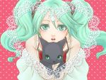 1girl 1other black_fur cat cheri green_eyes green_hair hatsune_miku heart lace light_skin light_skinned_female long_hair looking_at_viewer nose open_mouth twintails vocaloid