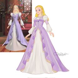  1girl ball_gown barbie_as_rapunzel barbie_movies blonde_hair blue_eyes braid breasts derivative_work dress fashion formal frills gown highres juliet_sleeves long_dress long_sleeves medium_breasts okitafuji princess puffy_sleeves purple_dress rapunzel rapunzel_(barbie) screenshot_redraw smile solo 