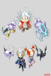  1boy 1girl artist_name black_choker black_footwear black_gloves black_pants blue_coat blue_eyes boots choker coat entei espeon gloves grey_background grey_hair highres holding holding_poke_ball long_coat looking_at_viewer miniskirt multicolored_coat open_clothes open_coat orange_hair overlord_jc pants parody pendant_choker pink_coat pink_footwear poke_ball poke_ball_(basic) pokemon pokemon_(creature) pokemon_colosseum pokemon_gsc purple_shirt raikou retro_artstyle rui_(pokemon) shirt simple_background skirt style_parody sugimori_ken_(style) suicune two-tone_coat umbreon wes_(pokemon) white_skirt 