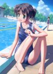  2girls black_hair feet green_eyes kogemashita one-piece_swimsuit open_mouth pool school_swimsuit shadow swimsuit tagme takoyaki thighs water 