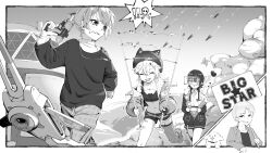  ! !! 2boys 2girls animal_hat apex_legends belt black_bustier black_jacket blazer bomber_jacket building cat_hat closed_eyes collared_shirt cropped_jacket dog drone electricity explosion fishnet_thighhighs fishnets fur-trimmed_jacket fur_trim garter_straps gloves gun hair_ornament hairclip handgun hat highres holding holding_gun holding_weapon holographic_interface ichinose_uruha ichinose_uruha_(4th_costume) jacket jewelry komori_met komori_met_(5th_costume) long_sleeves looking_back lupinus_virtual_games medium_hair missile monochrome multiple_boys multiple_girls necklace neo-porte open_clothes open_jacket open_mouth paneled_background pants partially_fingerless_gloves partially_unzipped placard plaid_clothes plaid_pants puffy_long_sleeves puffy_sleeves running shirayuki_reid shirt short_shorts shorts sign single_glove single_off_shoulder single_strap single_thighhigh skull_and_crossbones smoke sweat sweater thigh-highs through_medium through_page turtleneck ury virtual_youtuber vspo! weapon wolf_cut 