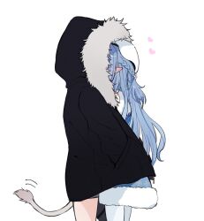  2girls beret black_jacket blue_hair blue_jacket commentary elf fur-trimmed_jacket fur_trim hat heart highres hololive hood hooded_jacket implied_kiss jacket lion_girl lion_tail long_hair multiple_girls pointy_ears shishiro_botan shishiro_botan_(1st_costume) sui_(camellia) symbol-only_commentary tail virtual_youtuber white_background white_hat yukihana_lamy yukihana_lamy_(1st_costume) yuri 