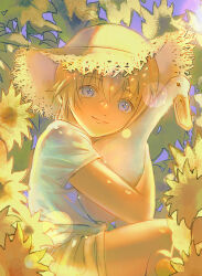  1boy 1other aged_down amuro_tooru animal animal_request bird blonde_hair blue_eyes blue_shirt check_animal child closed_mouth commentary_request goose hat highres holding holding_animal leaf looking_at_viewer male_focus meitantei_conan mumu_(user_zydr4733) shirt shorts smile squatting straw_hat 