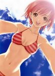  brown_eyes duplicate highres hips navel open_mouth red_hair redhead seena_kanon shining_(series) shining_wind short_hair solo striped striped_bikini striped_swimsuit swimsuit taka_tony 