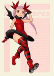  1girl boots dance_in_the_vampire_bund flat_chest gloves long_hair mina_tepes nozomu_tamaki pink_hair red_eyes red_legwear skin_tight skirt solo striped striped_legwear tamaki_nozomu thighhighs twintails wings 