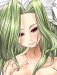  bad_id breasts bust collarbone eyelashes eyeshadow face finger_to_mouth green_eyes green_hair hair_intakes hat lips long_hair makeup mima nude onion_pikupiku portrait smile solo touhou touhou_(pc-98) 