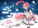  ahoge earmuffs gloves headphones light long_hair looking_down miki_(vocaloid) redhead robot_joints sitting sky smile solo space star vocaloid 