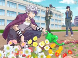  3boys blue_hair blue_shirt brown_hair brown_shirt chain chain_necklace chousokabe_motochika_(sengoku_basara) date_masamune_(sengoku_basara) eyepatch flower gakuen_basara gakuran grey_hair hoe holding holding_watering_can jacket jacket_on_shoulders jewelry katakura_kojuurou_(sengoku_basara) male_focus manojimerser multiple_boys necklace purple_jacket scar scar_on_cheek scar_on_face school school_uniform sengoku_basara shirt short_hair smile spiky_hair squatting watering_can white_shirt 