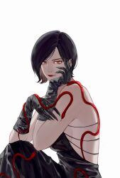  1girl ada_wong black_hair breasts dress formal gloves highres lipstick looking_at_viewer makeup medium_breasts mofa_shuimu_jiang resident_evil resident_evil_4 short_hair smile snake solo yellow_eyes 