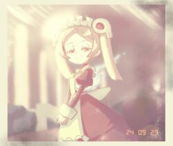  1girl apron bloody_marie_(skullgirls) border dated dress english_commentary hair_ornament half-closed_eyes juliet_sleeves kuroirozuki light_rays long_hair long_sleeves maid maid_apron maid_headdress own_hands_clasped own_hands_together pale_color puffy_sleeves sepia skull_hair_ornament skullgirls smile solo twintails 