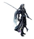  1boy absurdres aqua_eyes black_footwear boots closed_mouth dissidia_final_fantasy extraction facing_to_the_side final_fantasy final_fantasy_vii full_body gloves highres holding holding_sword holding_weapon long_hair long_sword looking_away male nomura_tetsuya official_art sephiroth silver_hair simple_background solo standing sword transparent_background weapon 