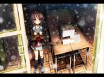  brown_hair cardigan classroom coat glasses letterboxed nagato_yuki purple_hair school_uniform seifuku shino_(eefy) short_hair snow solo suzumiya_haruhi_no_shoushitsu suzumiya_haruhi_no_yuuutsu yellow_eyes 