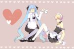  1boy 1girl bad_id blonde_hair blue_eyes blue_hair blush closed_eyes crossdressing crossdressinging enmaided harano hatsune_miku headband heart kagamine_len long_hair maid nail_polish pantyhose thighhighs trap twintails very_long_hair vocaloid 