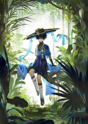  1boy absurdres aqua_sleeves armor arms_at_sides belt black_belt black_bodysuit black_hair black_shorts black_socks blue_cape blue_eyes blue_hat blunt_ends bodysuit bow canopy_(forest) cape closed_mouth collarbone expressionless facing_viewer feathers full_body genshin_impact gold hakama hakama_shorts hat highres japanese_armor japanese_clothes jingasa jungle kimono knees kote kurokote layered_clothes layered_kimono layered_sleeves leaf leg_warmers lily_pad looking_at_viewer male_focus mandarin_collar nature nnikko open_clothes open_kimono plant pleated_shorts pom_pom_(clothes) purple_bow purple_rope rope scaramouche_(genshin_impact) short_sleeves shorts shoulder_peek sitting_on_branch socks solo tilted_headwear toes vision_(genshin_impact) wanderer_(genshin_impact) white_kimono white_leg_warmers white_sleeves white_trim yellow_feathers 