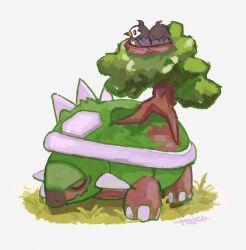  animal_focus artist_name bird bird_nest closed_eyes closed_mouth commentary_request no_humans pokemon pokemon_(creature) pokemon_focus signature simple_background spikes starly torterra tree user_zjvn2423 