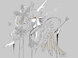  1boy absurdres arrow_(projectile) commentary_request dragon dragon_boy dragon_ears dragon_horns dual_persona eastern_dragon eastern_dragon_horns grey_background highres holding holding_arrow horns hotathino japanese_clothes kimono long_hair looking_at_viewer male_focus original saliva solo spot_color upper_body yellow_eyes 