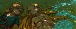  1boy 1girl bare_shoulders belt blonde_hair blue_eyes blue_tunic bow_(weapon) brown_belt champion&#039;s_tunic_(zelda) closed_eyes closed_mouth commentary_request dappled_sunlight dress highres imo_yaco jewelry layered_sleeves link long_hair long_sleeves lying necklace on_back on_grass parted_lips pointy_ears ponytail princess_zelda scimitar shield short_hair short_over_long_sleeves short_ponytail short_sleeves shoulder_belt smile strapless strapless_dress sunlight sword the_legend_of_zelda the_legend_of_zelda:_breath_of_the_wild tunic weapon white_dress 