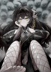  :| absurdres ahoge bare_shoulders barefoot black_hair breasts chain closed_mouth dimensionless88 facing_viewer fishnet_pantyhose fishnet_sleeves fishnets gold_chain grimmi_(vtuber) hair_between_eyes hair_ornament hand_on_own_cheek hand_on_own_face highres indie_virtual_youtuber jewelry leotard long_hair mandarin_collar messy_hair off_shoulder official_alternate_costume on_ground pale_skin pantyhose pendant pile_of_skulls ringed_eyes sidelocks sitting skull skull_hair_ornament straight-on toes very_long_hair virtual_youtuber yellow_eyes 