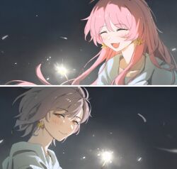  2girls bang_dream! blush brh brown_eyes chihaya_anon chinese_commentary closed_eyes closed_mouth commentary_request earrings fang fireworks highres holding holding_fireworks jewelry long_hair looking_at_viewer multiple_girls open_mouth pink_hair short_hair sparkler takamatsu_tomori 