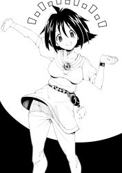  1girl absurdres amelia_wil_tesla_seyruun breasts collarbone greyscale highres jewelry looking_at_viewer monochrome open_mouth short_hair skirt slayers smile solo toku_sonchou 