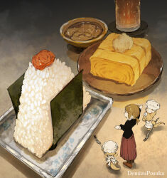  1girl apron artist_name bowl chef_hat commentary demizu_posuka food fork hat holding holding_fork onigiri original plate rice white_apron 