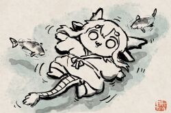  1boy :3 animal brown_background chibi commentary_request dragon_boy dragon_ears dragon_horns dragon_tail eastern_dragon_horns eastern_dragon_tail fish floating full_body highres horns hotathino japanese_clothes kimono koi looking_at_viewer male_focus original partially_submerged solo sumi-e tail 