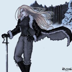  1girl 2024 black_coat black_gloves blonde_hair blue_eyes boots breasts brown_lips coat commentary fortress fullmetal_alchemist fur-trimmed_coat fur_trim gloves grey_pants hair_over_one_eye hand_on_own_hip head_tilt highres knee_boots long_hair medium_breasts olivier_mira_armstrong pants reykun signature solo sword turtleneck weapon 