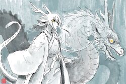  1boy absurdres blue_background commentary_request cowboy_shot dragon dragon_boy dragon_ears dragon_horns dragon_tail dual_persona eastern_dragon eastern_dragon_horns eastern_dragon_tail haori highres horns hotathino japanese_clothes kimono looking_at_viewer male_focus original outdoors solo spot_color tail wind yellow_eyes 