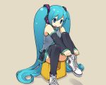  aqua_hair blue_eyes chan_co detached_sleeves hatsune_miku headset necktie shoes sitting skirt sneakers thigh_highs twintails very_long_hair vocaloid 