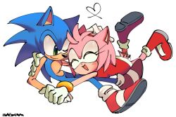  1girl :d amy_rose animal_ears animal_nose blue_fur boots bracelet closed_eyes dress full_body furry furry_female furry_male gloves gold_bracelet green_eyes hairband heart hedgehog_boy hedgehog_girl jewelry looking_at_another lying open_mouth pink_fur pink_hair red_dress red_hairband red_shoes saewiam shoes short_tail simple_background smile sonic_(series) sonic_the_hedgehog tail white_background white_gloves 