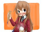  aisaka_taiga black_eyes blush brown_hair chopsticks e3 fang food long_hair meat rice rice_bowl school_uniform simple_background solo steam toradora! 