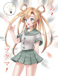  1girl abukuma_(kancolle) blonde_hair blue_eyes commentary_request contrapposto double_bun dress grey_sailor_collar grey_skirt hair_bun hair_rings index_finger_raised kantai_collection kitagawa_mikio light_bulb long_hair one-hour_drawing_challenge pleated_dress sailor_collar sailor_shirt school_uniform serafuku shirt short_sleeves skirt solo spoken_light_bulb standing twintails white_shirt 