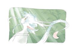  1boy blue_hair commentary_request dragon_boy dragon_ears dragon_horns dragon_tail eastern_dragon_horns eastern_dragon_tail green_background green_kimono highres horns hotathino japanese_clothes kimono light_rays looking_to_the_side looking_up male_focus original solo sunbeam sunlight tail upper_body wind yellow_eyes 