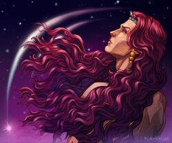  back back_muscles bare_shoulders character_name curly_hair earrings floating_hair glowing gold_earrings horns jewelry jojo_no_kimyou_na_bouken kars_(jojo) long_hair makeup male_focus muscular night night_sky pale_skin portrait profile purple_background purple_hair red_eyes sky solo space standing star_(sky) upper_body vampire very_long_hair wavy_hair 