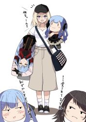  3girls bag bang_dream! bang_dream!_it's_mygo!!!!! black_bag black_hair blonde_hair blue_hair blush brown_skirt character_doll dakimakura_(object) earrings hair_between_eyes highres itabag jewelry koshian_(taiyaki) long_hair medium_hair misumi_uika multiple_girls oblivionis_(bang_dream!) open_mouth oshi-katsu pillow shirt short_sleeves shoulder_bag skirt sweat togawa_sakiko translation_request violet_eyes white_shirt yahata_umiri 