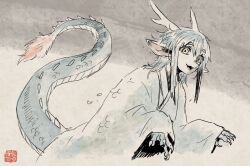  1boy animal_hands blue_hair claws commentary_request dragon_boy dragon_ears dragon_horns dragon_tail eastern_dragon_horns eastern_dragon_tail green_kimono grey_background highres horns hotathino japanese_clothes kimono long_hair looking_at_viewer male_focus monster_boy original scales solo tail upper_body yellow_eyes 