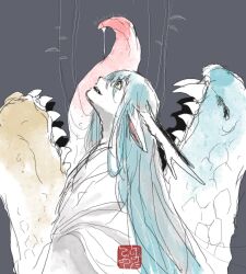  1boy absurdres black_background blue_hair commentary_request dragon dragon_boy dragon_ears dragon_horns dual_persona eastern_dragon eastern_dragon_horns highres horns hotathino japanese_clothes kimono long_hair looking_up male_focus open_mouth original solo tongue tongue_out upper_body very_long_hair yellow_eyes 