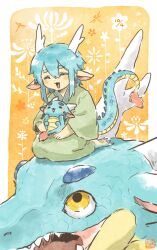  1boy absurdres blue_hair closed_eyes commentary_request dragon dragon_boy dragon_ears dragon_horns dragon_tail eastern_dragon eastern_dragon_horns eastern_dragon_tail floral_background green_kimono highres horns hotathino japanese_clothes kimono male_focus original seiza sitting solo tail yellow_background yellow_eyes 