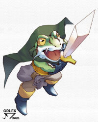  1boy absurdres armor artist_logo artist_name cape chrono_trigger dated english_commentary frog_(chrono_trigger) furry furry_male green_cape highres holding holding_sword holding_weapon horizontal_pupils logo looking_up male_focus open_mouth orlek sword weapon white_background 