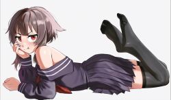  1girl bare_shoulders black_nails black_serafuku black_skirt black_thighhighs brown_hair commentary english_commentary grey_background highres kono_subarashii_sekai_ni_shukufuku_wo! lying megumin on_stomach pleated_skirt pout red_eyes school_uniform serafuku short_hair_with_long_locks skirt soles solo thigh-highs thighs toes waligner 