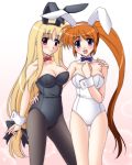  2girls blush bunny_ears bunny_girl bunnygirl bunnysuit fate_testarossa female long_hair lyrical_nanoha mahou_shoujo_lyrical_nanoha_strikers multiple_girls narutaki_shin pantyhose takamachi_nanoha very_long_hair 