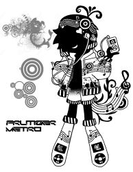  1other arrow_(symbol) boots bug butterfly digital_media_player frutiger_metro full_body greyscale headphones highres holding hood hooded_jacket ipod jacket kalawakan monochrome musical_note open_mouth original sheet_music shorts smile solo 