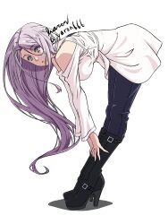  1girl artist_name bare_shoulders baron_(varon666) bent_over black_boots black_pants boots breasts dress from_side fuuto_tantei highres kamen_rider kamen_rider_w large_breasts long_hair looking_at_viewer pants purple_hair simple_background solo tokime_(fuuto_tantei) twitter_username very_long_hair violet_eyes white_background white_dress 