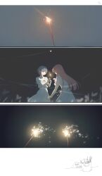  2girls absurdres bang_dream! bang_dream!_it's_mygo!!!!! brh chihaya_anon chinese_commentary closed_mouth commentary_request dress earrings fireworks grey_hair highres holding holding_fireworks jewelry long_hair multiple_girls night outdoors pink_hair short_hair short_sleeves sparkler takamatsu_tomori white_dress 