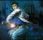  2010 belt blue_eyes dated formal jeans katana left_4_dead left_4_dead_2 male mewwuwu mewwuwu_(287792) nick_(left4dead) sheath suit sword unsheathing weapon 