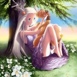  1girl :d ampharos barefoot closed_eyes collarbone dress female flower frills haydenm long_hair looking_at_another mikan_(pokemon) panties pantyshot pantyshot_(sitting) pokemon purple_dress purple_panties see_through sitting solo underwear white_flower white_hair 