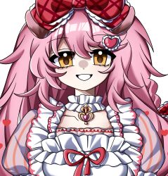  1girl :d absurdres arknights artistic_error bow chinese_commentary commentary_request frilled_bow frills goldenglow_(arknights) goldenglow_(party_in_the_garden)_(arknights) grin hair_between_eyes hair_bow hair_ornament heart heart_hair_ornament highres long_hair looking_at_viewer minyuan471 official_alternate_costume pink_hair portrait red_bow simple_background smile solo white_background yellow_eyes 