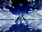  aqua_hair blue_hair bob_(biyonbiyon) closed_eyes cloud detached_sleeves faux_traditional_media full_moon hand_on_ear hatsune_miku highres long_hair moon necktie night open_mouth outstretched_arm reflection skirt sky solo standing thighhighs twintails very_long_hair vocaloid walking_on_water wallpaper water zettai_ryouiki 